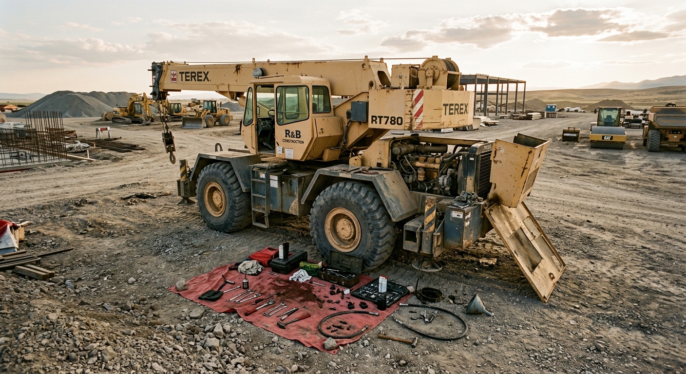Idle rough terrain crane with open engine bay on a dusty job site representing costly downtime