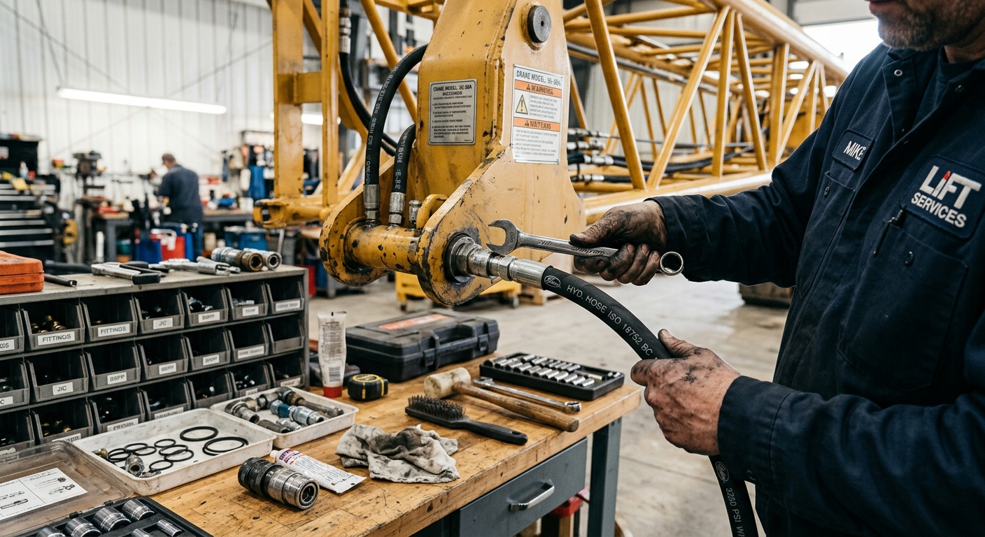 Mechanic replacing hydraulic components on a crane boom in a well-lit workshop