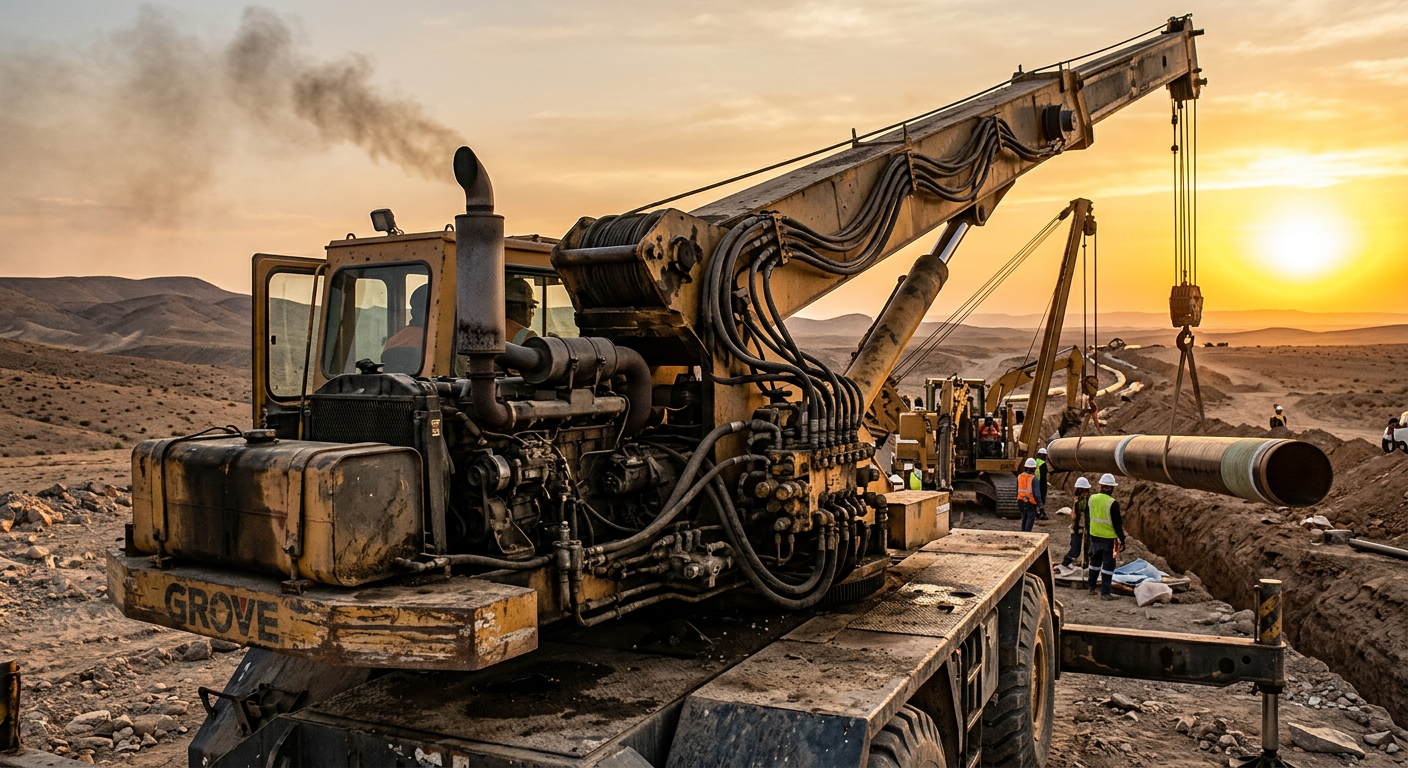Rough terrain crane working on a pipeline project in arid terrain highlighting fuel consumption