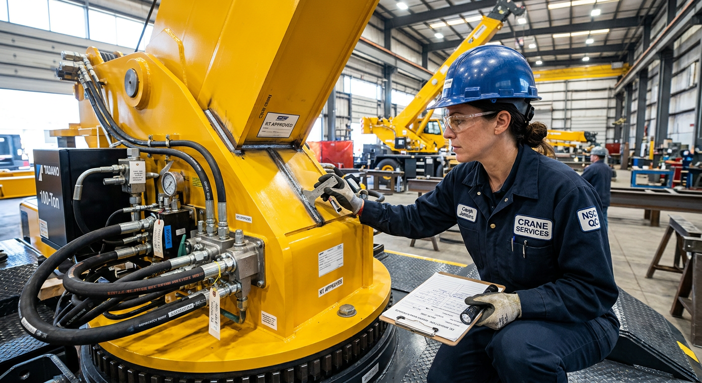 Buyer inspecting crane hydraulic system and boom welds during factory quality assessment