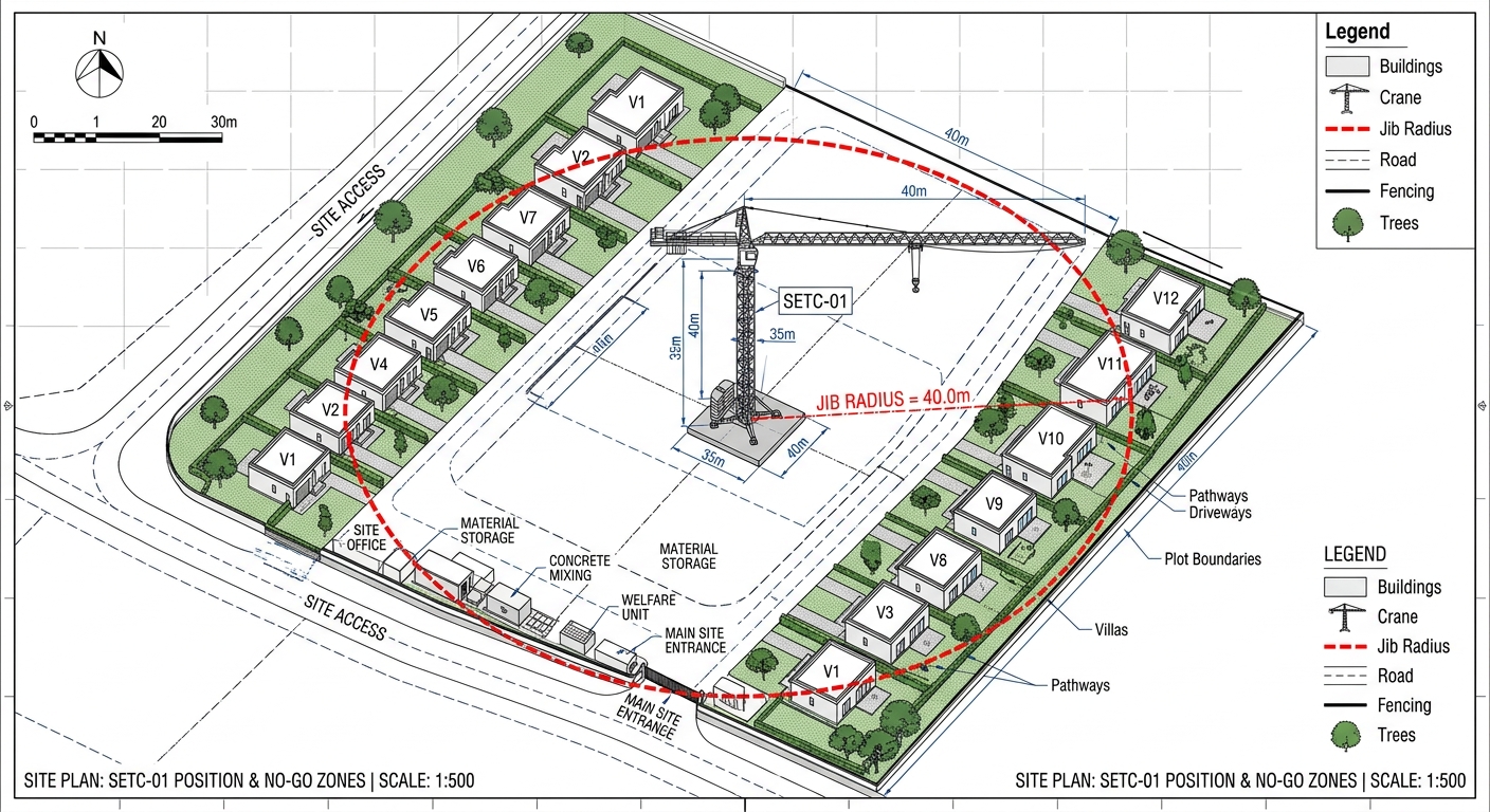Site plan showing self-erecting tower crane jib radius coverage across villa plots